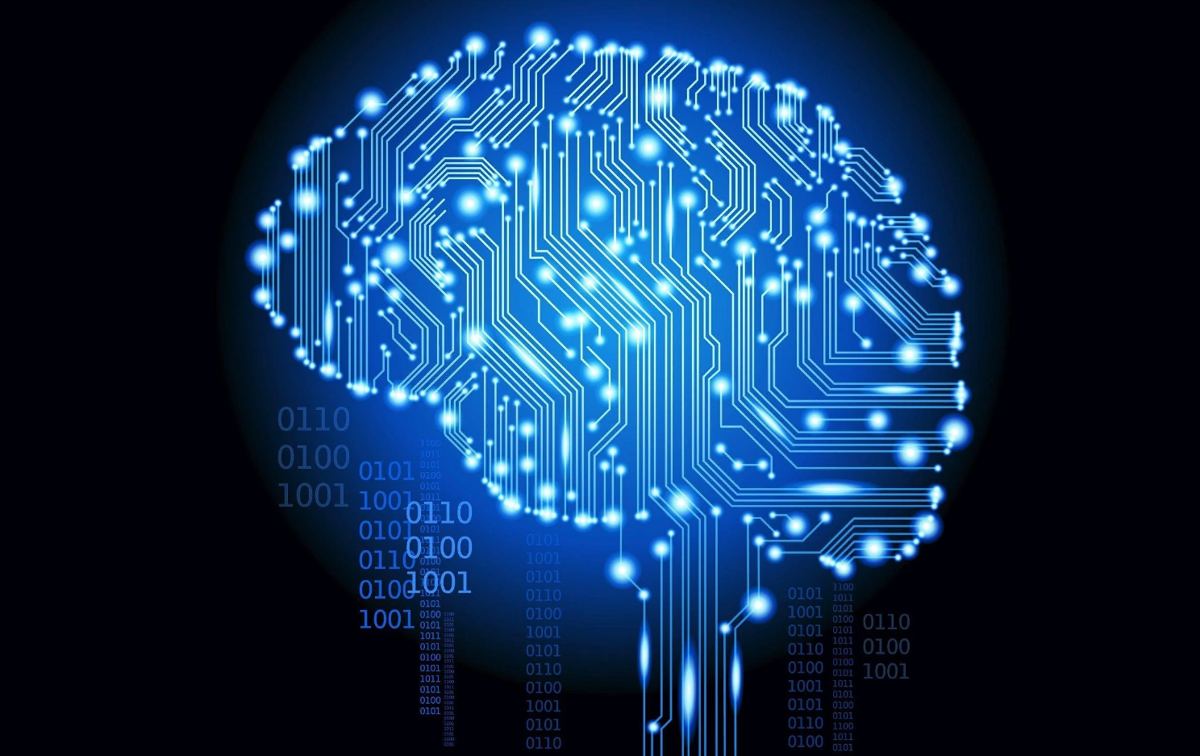 Illustration of a glowing circuit-board brain